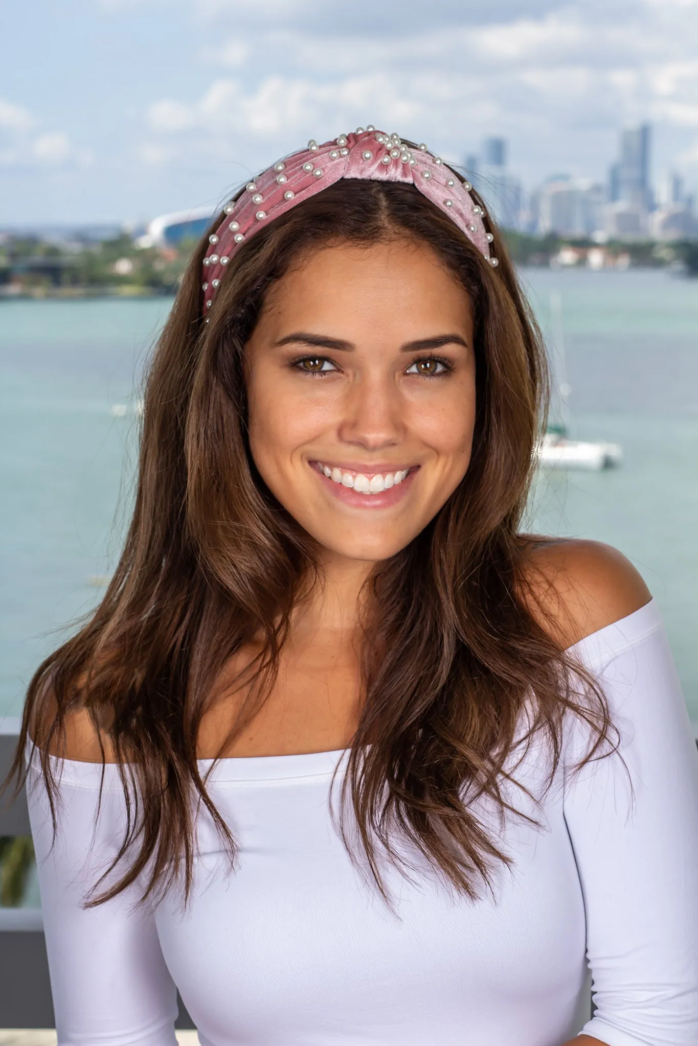Blush Velvet Headband with Pearls