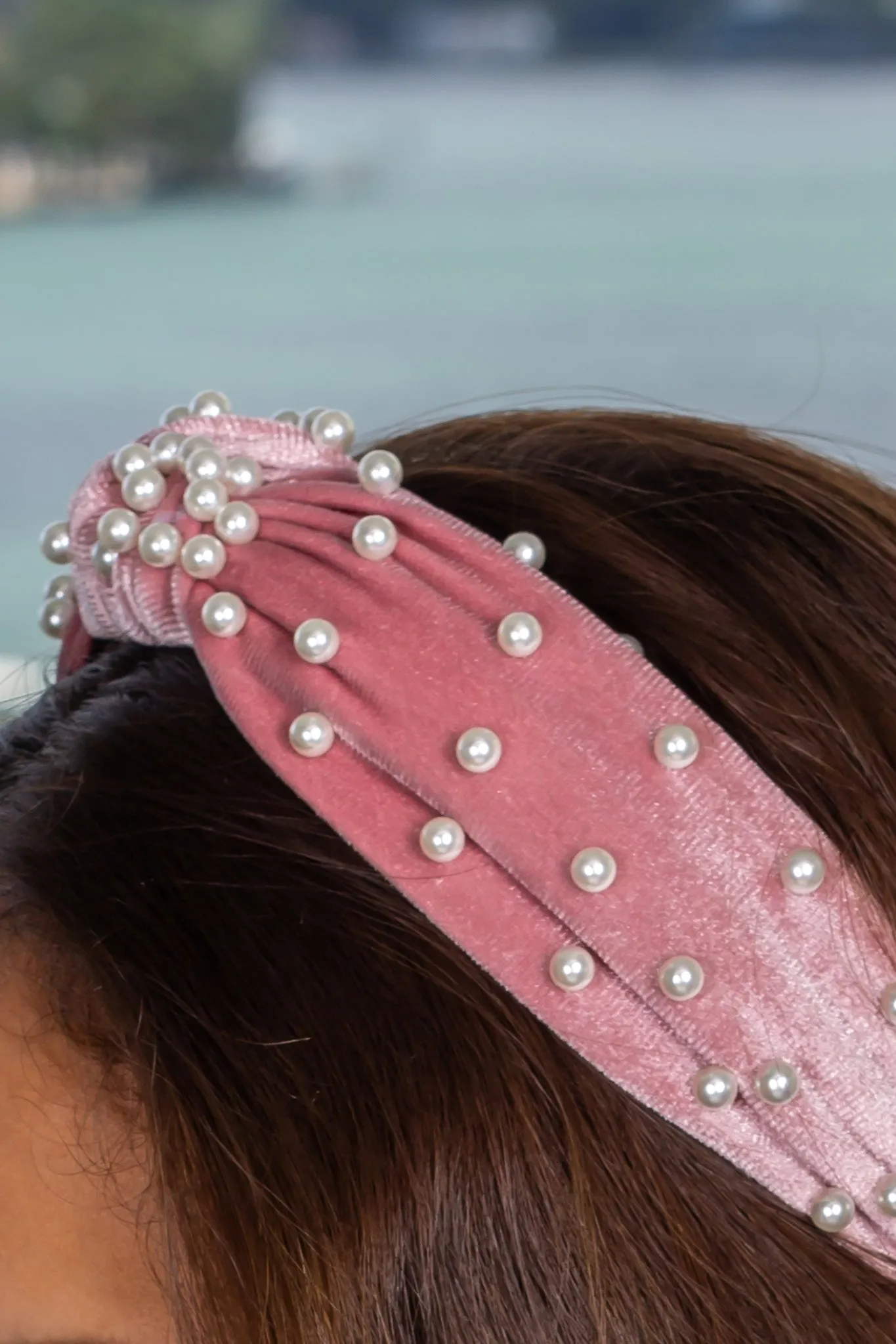 Blush Velvet Headband with Pearls