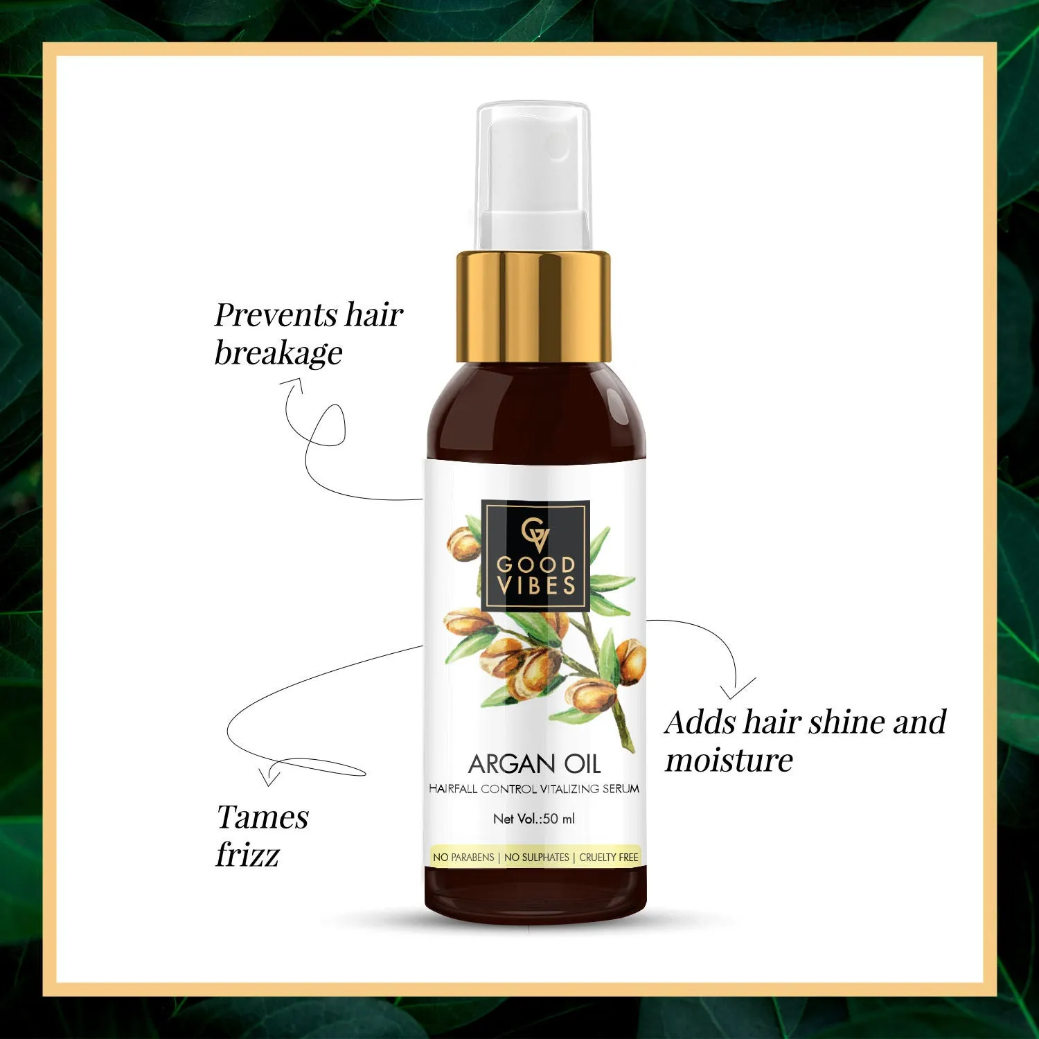 Good Vibes Argan Oil Hairfall Control Vitalizing Serum | Frizz Control, Shine, Stregthening | No Parabens, No Sulphates, No Animal Testing (50 ml)