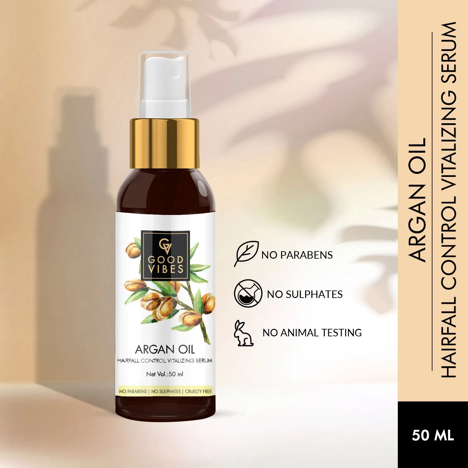 Good Vibes Argan Oil Hairfall Control Vitalizing Serum | Frizz Control, Shine, Stregthening | No Parabens, No Sulphates, No Animal Testing (50 ml)