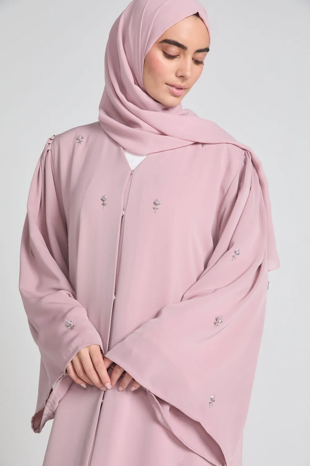 Premium Dainty Rose Embellished Open Abaya - Blush