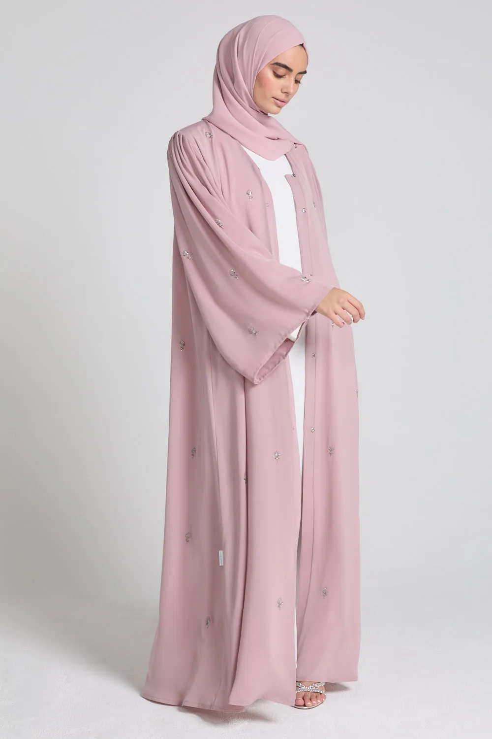 Premium Dainty Rose Embellished Open Abaya - Blush