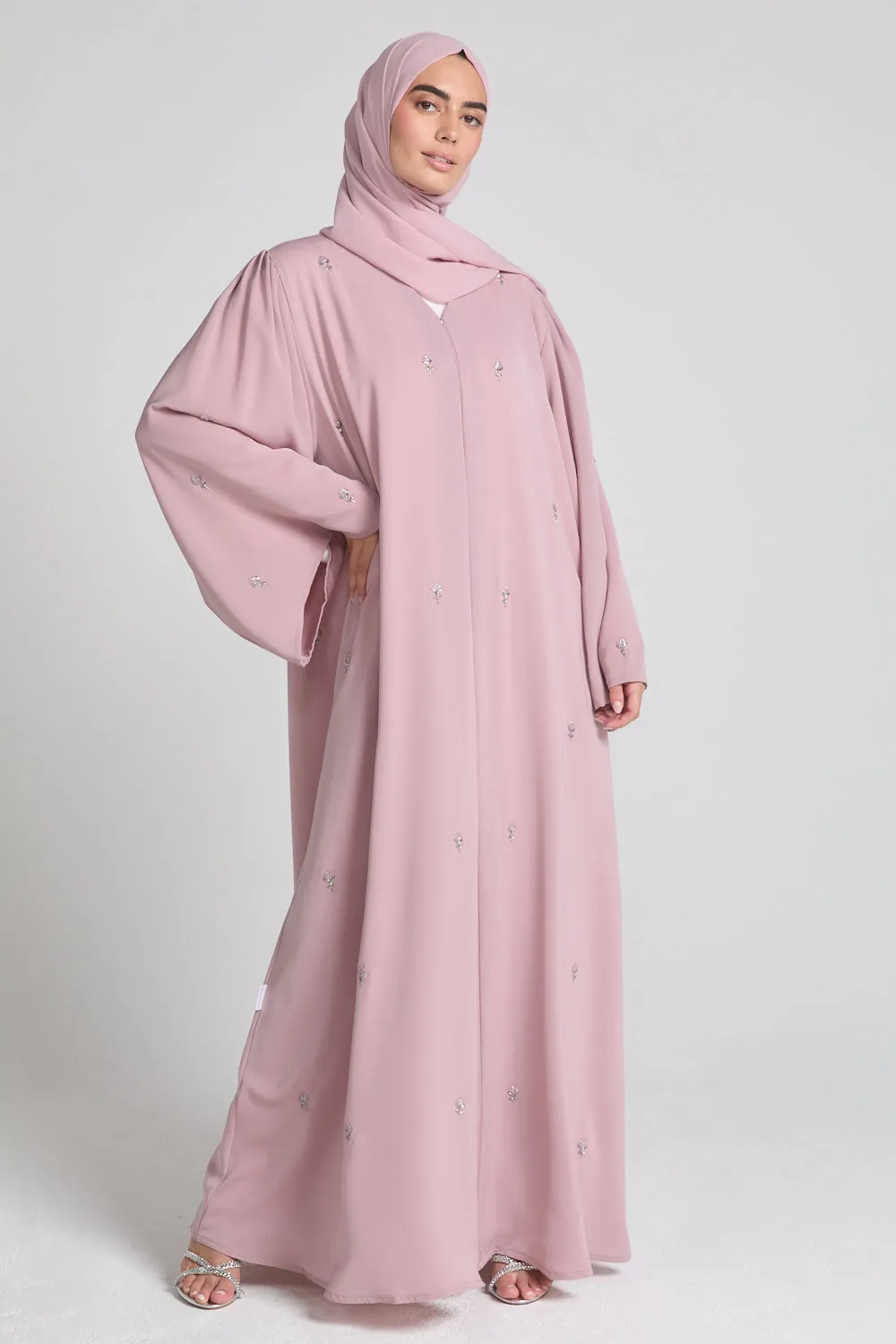 Premium Dainty Rose Embellished Open Abaya - Blush
