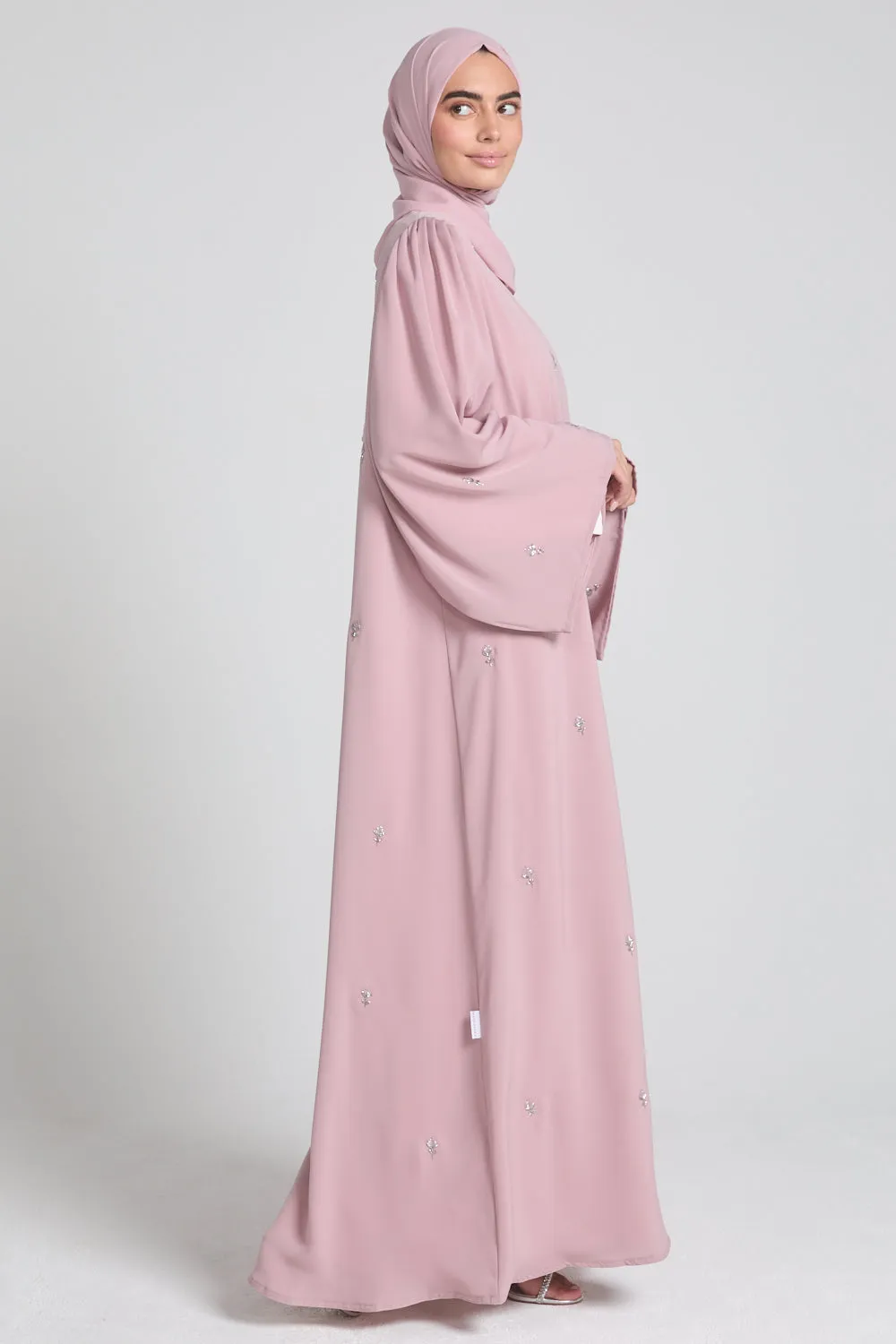 Premium Dainty Rose Embellished Open Abaya - Blush