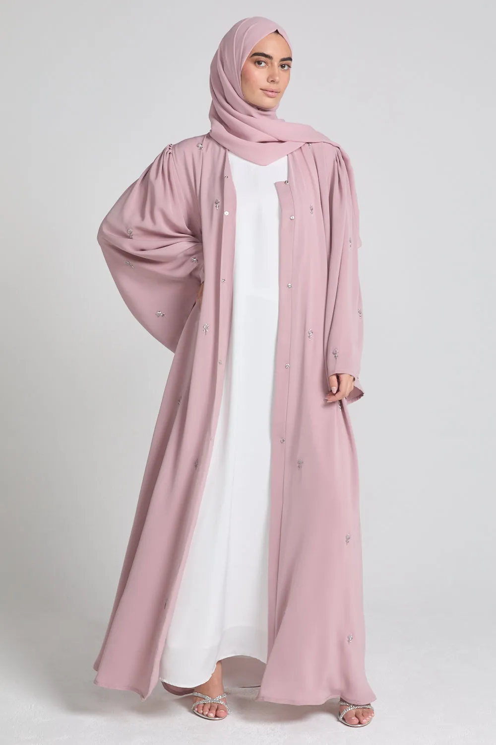 Premium Dainty Rose Embellished Open Abaya - Blush