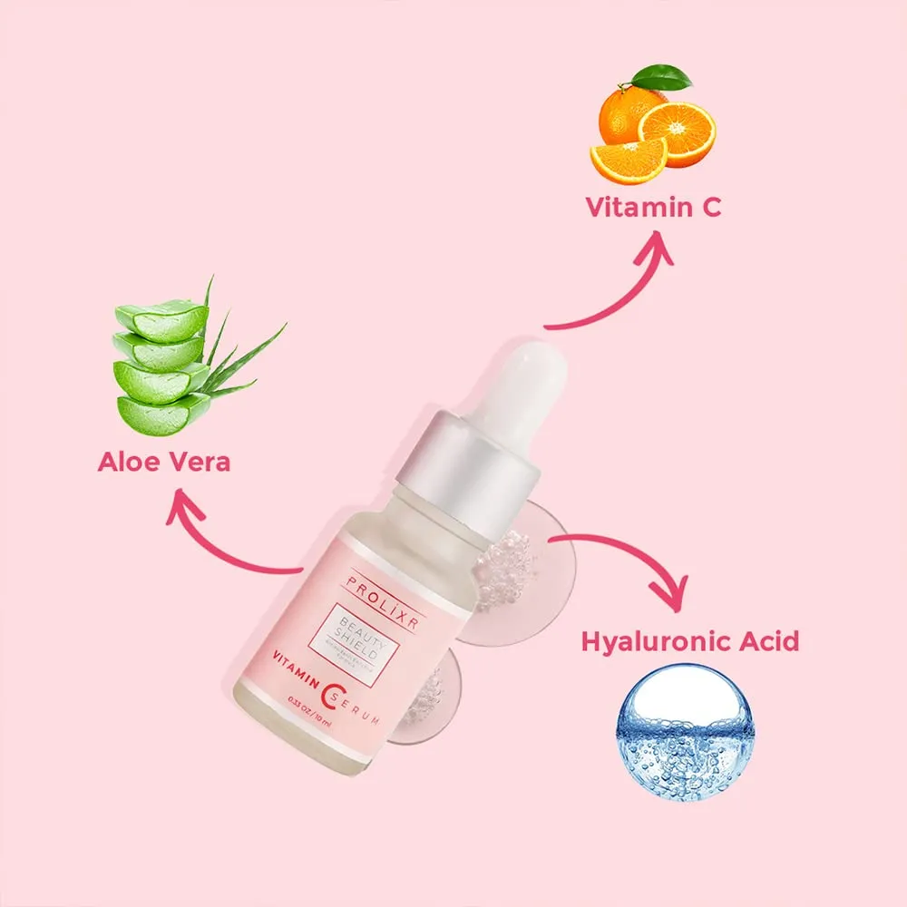 Prolixr Beauty Shield Vitamin C Face Mini Serum - Glowing Skin, Brightening, Pigmentation - Hyaluronic Acid Infused - 10 10 Ml - Travel Sized - Pack Of 2