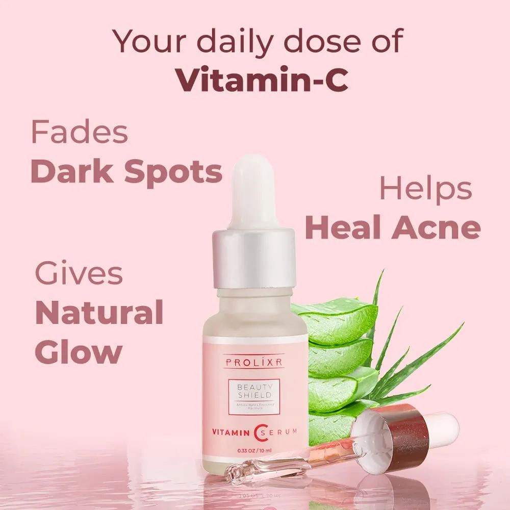 Prolixr Beauty Shield Vitamin C Face Mini Serum - Glowing Skin, Brightening, Pigmentation - Hyaluronic Acid Infused - 10 10 Ml - Travel Sized - Pack Of 2